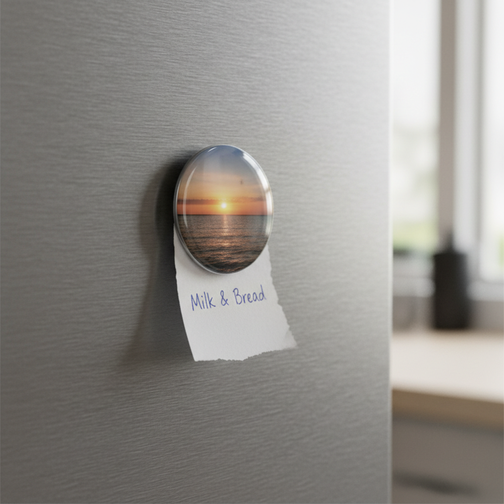 small round photo magnet holding up a small paper