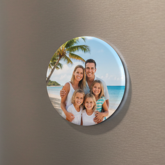 A round photo magnet on a refrigerator