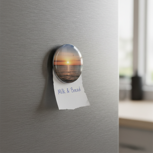 small round photo magnet holding up a small paper